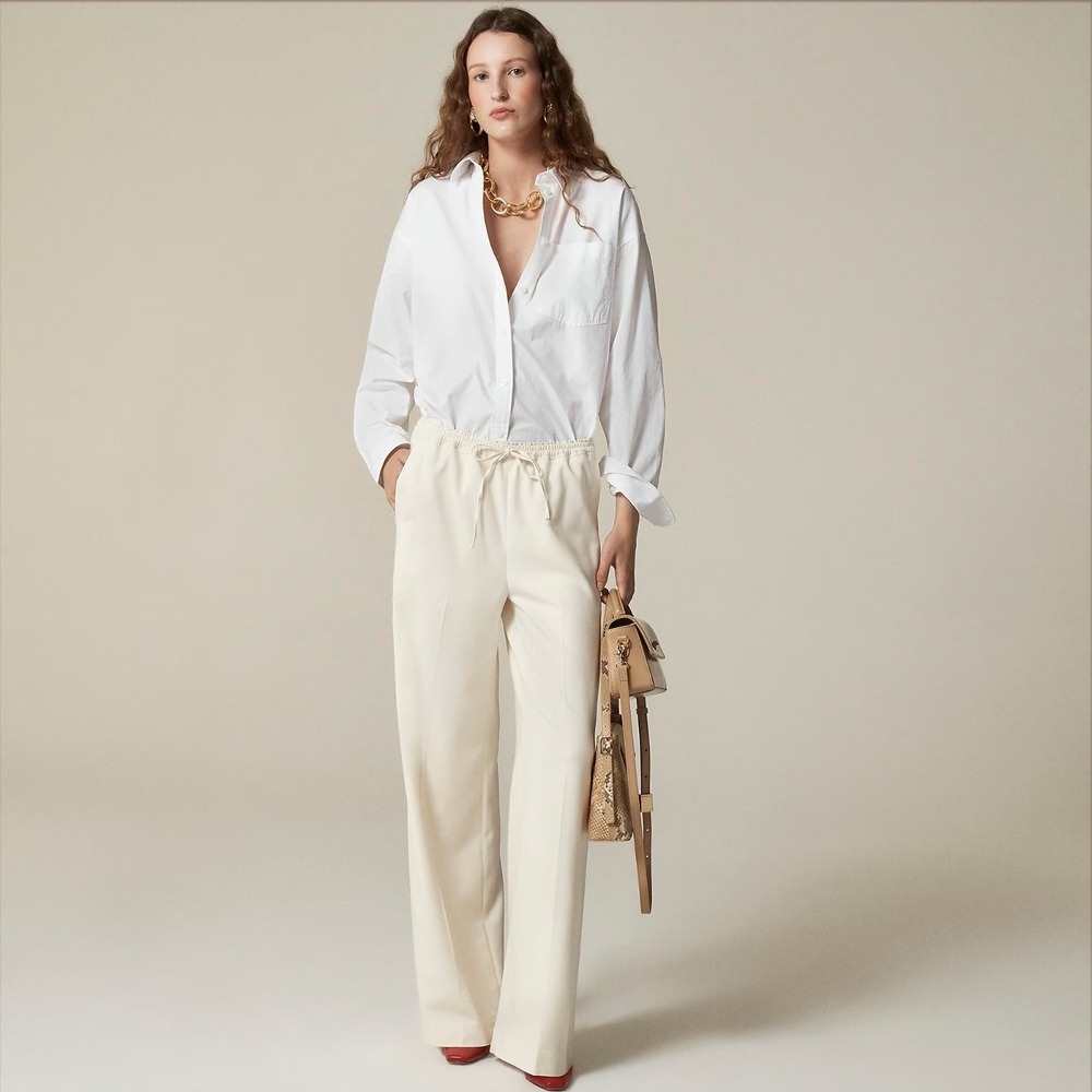NWT!! J. CREW Superwide Stratus Pants City Twill Soft Ivory Elastic Waist 14